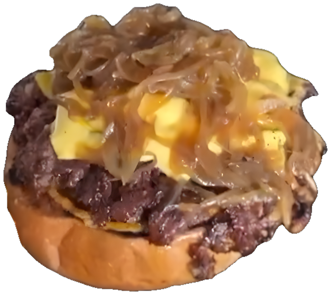 Hamburguesa Luna de Fuego con cebolla caramelizada y salsa chipotle