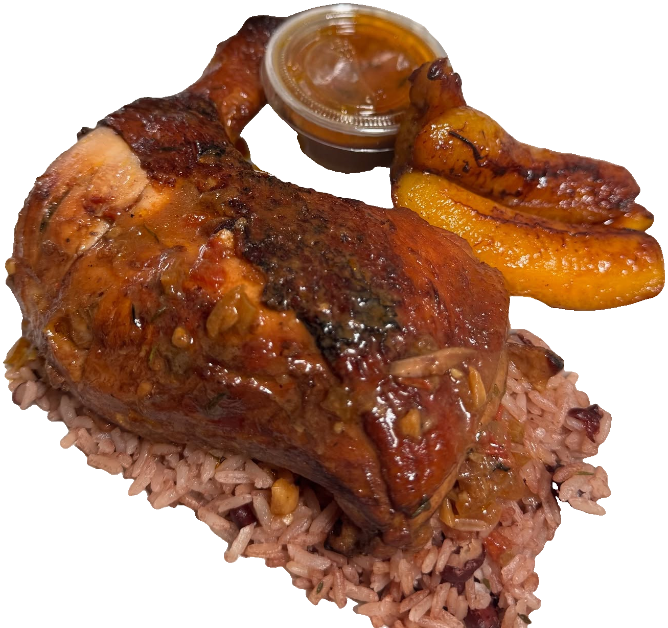 Rice and beans con pollo en salsa caribeña y plátanos maduros